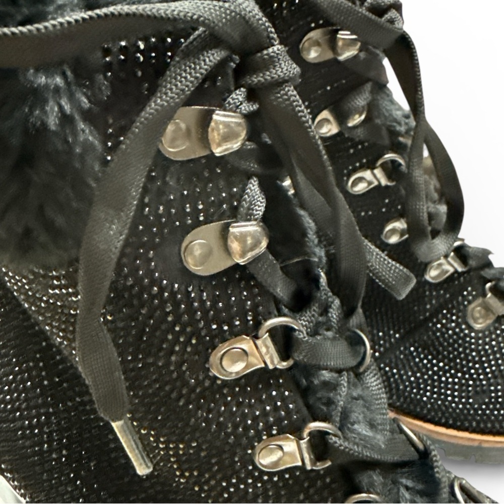 Nanette Lepore Black Beaded Faux Fur Ankle Boots Lace Up Chunky Heel Size 8M - Picture 5 of 10